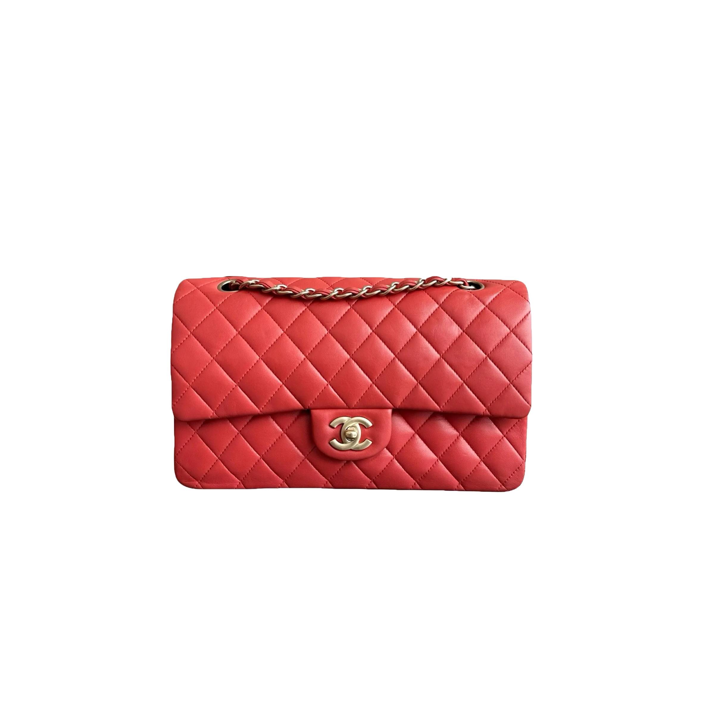 CHANEL MEDIUM QUILTED RED LAMBSKIN  CLASSIC DOUBLE FLAP BAG (25*15*6cm)